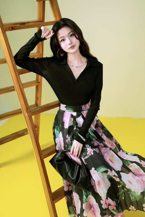 Sixdo Black Floral Organza Flared Skirt
